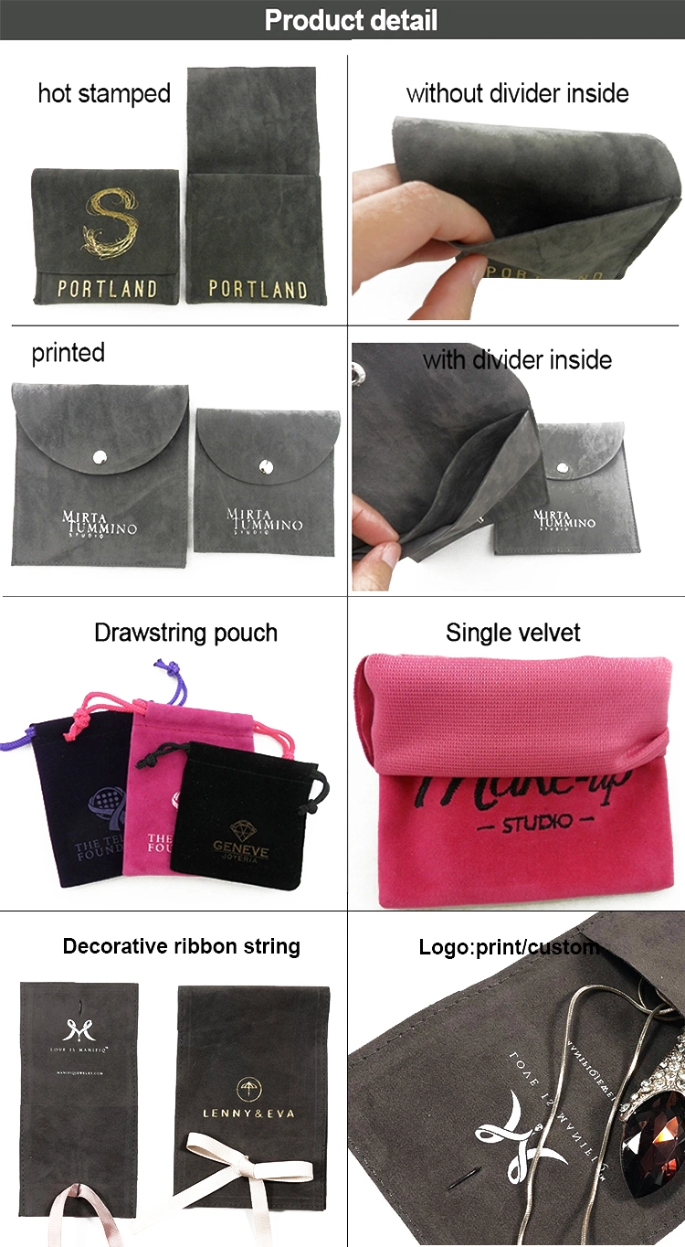 Wholesale Eco Friendly Custom Printed Velveteen Flap Velour Drawstring Packaging with Logo Divider Insert Card Display for Earring Suede Velvet Jewelry Pouch